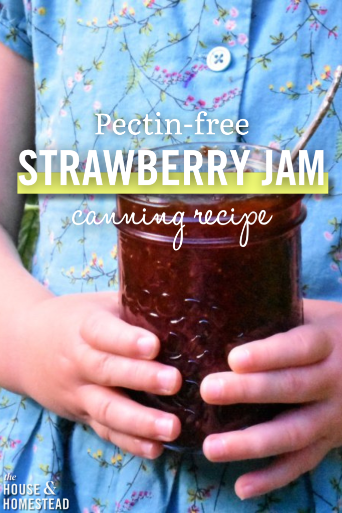 Child in a floral dress holding a jar of homemade strawberry jam. Text overlaid reads "Pectin-free Strawberry Jam: canning recipe."