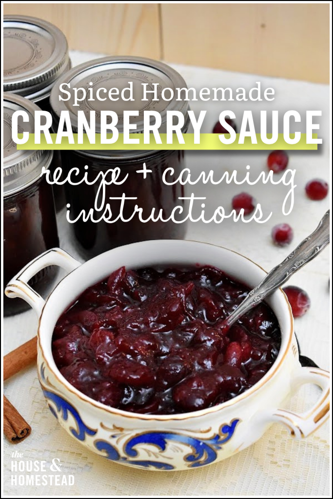 A decorative bowl of spiced cranberry sauce sits on a table beside jars of sauce and cinnamon sticks. Text overlays the image with a recipe title.