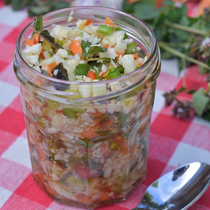 Learn how to make your own fermented giardiniera, a spicy Italian-style relish using a mix of garden vegetables and gut-healthy brine. This recipe is the perfect way to make use of small garden harvests!