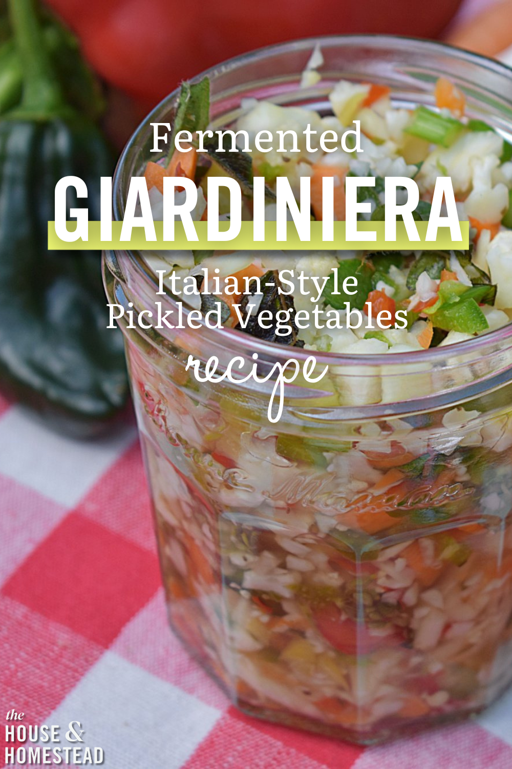 A jar of colorful fermented giardiniera sits on a red checkered cloth. Fresh vegetables are visible inside. Text overlays the image, reading "Fermented GIARDINIERA Italian-Style Pickled Vegetables recipe."