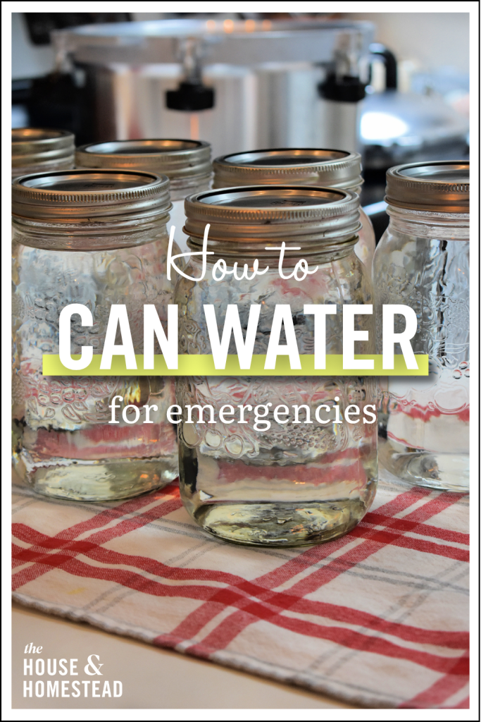 Five mason jars filled with water are arranged on a red and white plaid cloth. Text overlay: "How to Can Water for Emergencies." Sterile, preparedness theme.