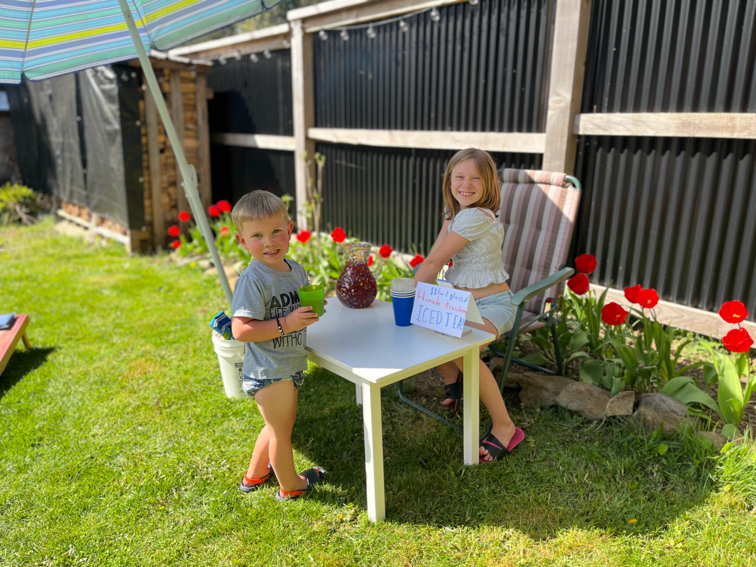 Backyard iced tea stand.