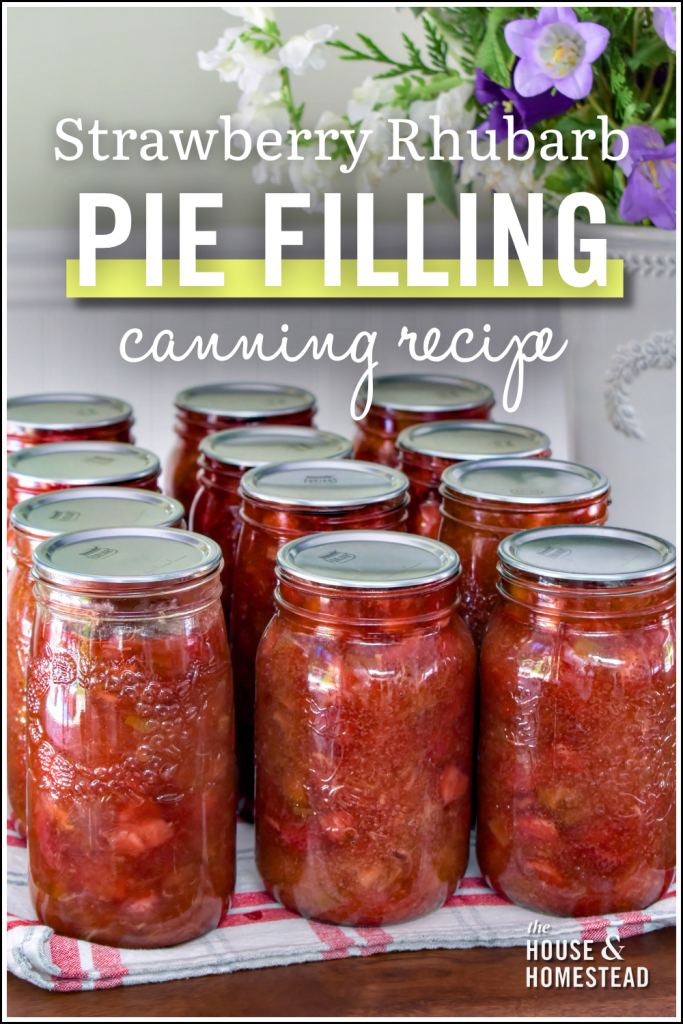 Rows of clear jars filled with red strawberry rhubarb pie filling are displayed on a wooden surface. Text reads "Strawberry Rhubarb Pie Filling Canning Recipe."